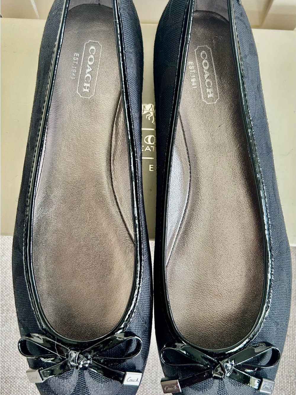 Coach Black Logo Ballet Flats with Patent Bow